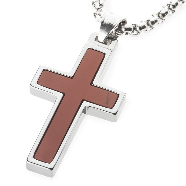 Unique Tungsten Cross Pendant with Red Jasper Inlay. 4mm wide Surgical Stainless Steel Box Chain.