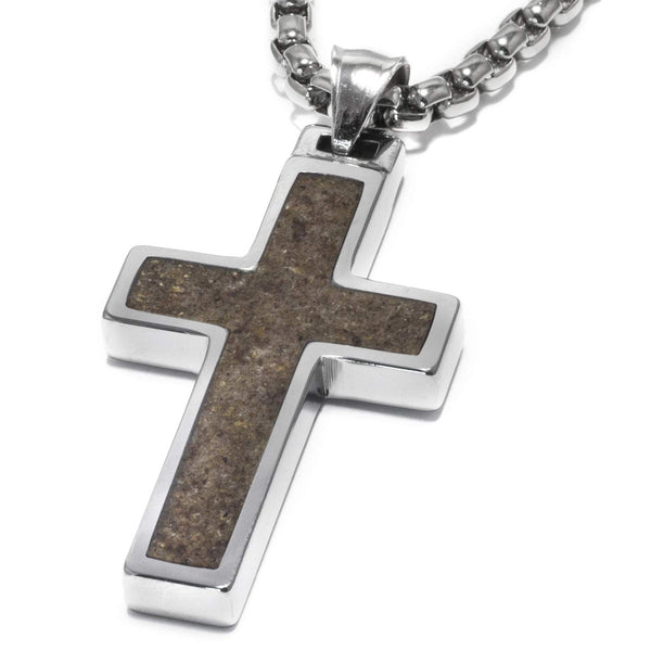 Unique Tungsten Cross Pendant with Antler Inlay. 4mm wide Surgical Stainless Steel Box Chain.