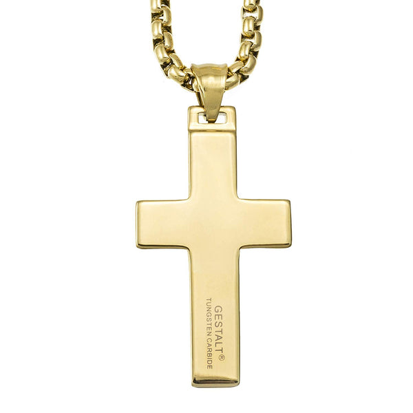 Unique Tungsten Cross Pendant with Black Carbon Fiber Inlay, Gold Plated. 4mm wide Surgical Stainless Steel Box Chain.
