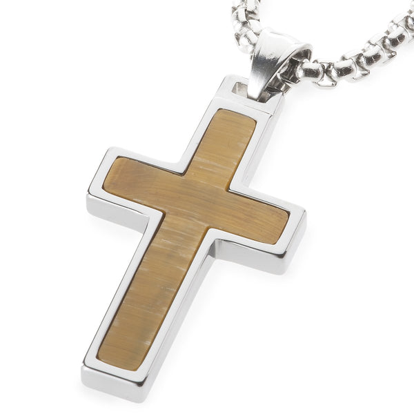 Unique Tungsten Cross Pendant with Tiger Eye Stone Inlay. 4mm wide Surgical Stainless Steel Box Chain.