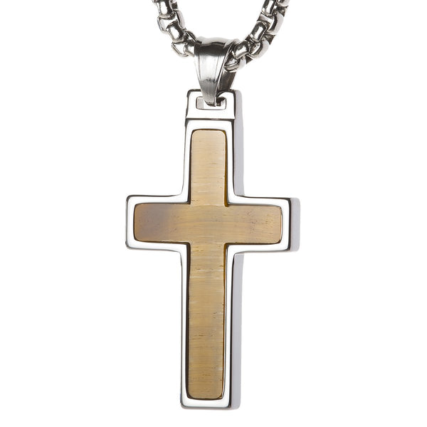 Unique Tungsten Cross Pendant with Tiger Eye Stone Inlay. 4mm wide Surgical Stainless Steel Box Chain.