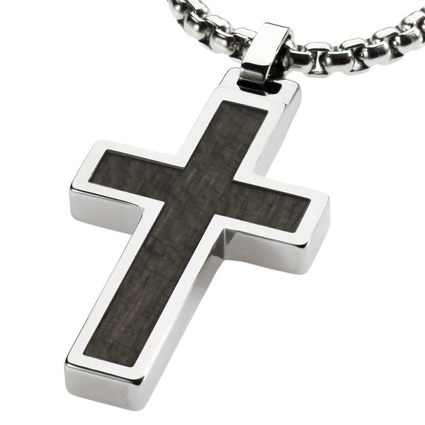 Unique Tungsten Cross Pendant .4mm wide Surgical Stainless Steel Box Chain. Grey Wood Inlay.