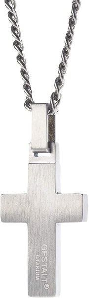 Unique GESTALT Midsize Titanium Cross Necklace with Black Carbon Fiber Inlay.  Solid lightweight Titanium Grade T2 Curb Chain (3.8mm wide).