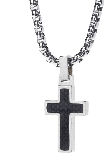 Unique GESTALT Midsize Titanium Cross Necklace with Black Carbon Fiber Inlay. 4mm wide Surgical Stainless Steel Box Chain.