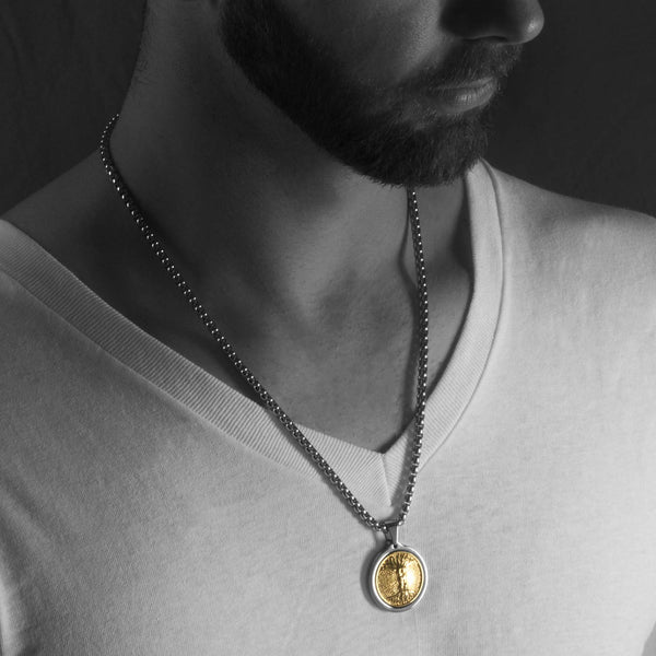 Unique Midsize Tungsten Medallion Necklace. Stainless Steel Tree of Life Inlay with 18kt Gold Plating.