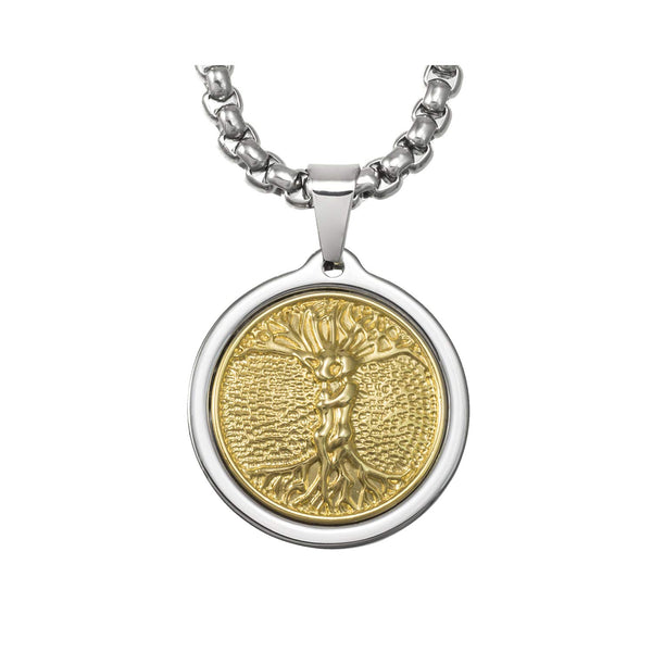 Unique Midsize Tungsten Medallion Necklace. Stainless Steel Tree of Life Inlay with 18kt Gold Plating.