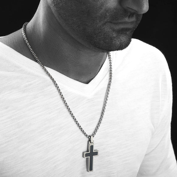 Unique GESTALT Titanium Cross Necklace with Black Carbon Fiber Inlay. 4mm wide Surgical Stainless Steel Box Chain.