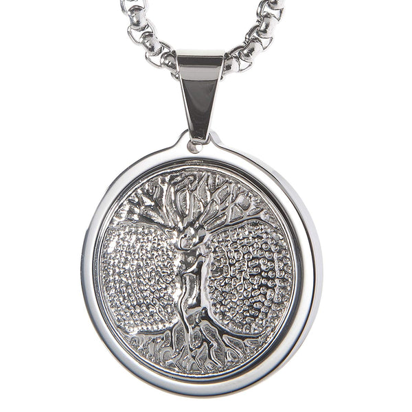 Unique Tungsten Medallion Necklace. Platinum Style Stainless Steel Tree of Life Inlay.