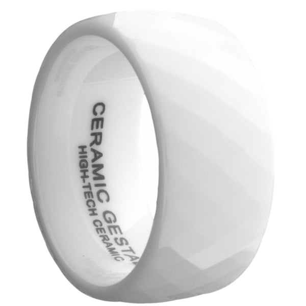 GESTALT® White Ceramic Ring - 10mm Width. Faceted Design. Comfort Fit.