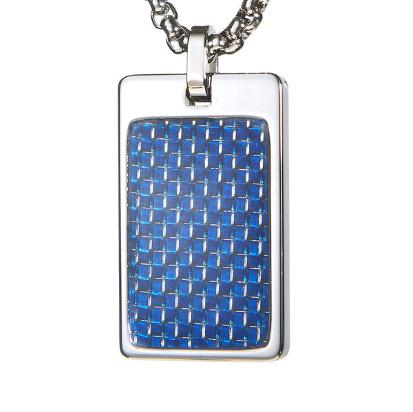 Unique Tungsten Tag Necklace. 4mm wide Surgical Stainless Steel Box Chain. Blue Carbon Fiber.