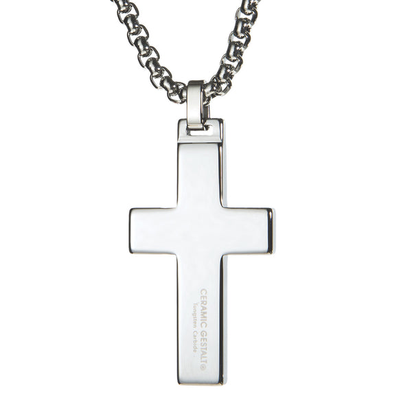 Unique Tungsten Cross Pendant with Howlite Stone Inlay. 4mm wide Surgical Stainless Steel Box Chain.