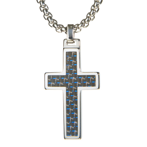 Unique Tungsten Cross Pendant .4mm wide Surgical Stainless Steel Box Chain. Black & Blue Carbon Fiber Inlay.
