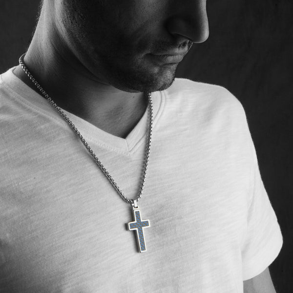 Unique Tungsten Cross Pendant .4mm wide Surgical Stainless Steel Box Chain. Black & Blue Carbon Fiber Inlay.