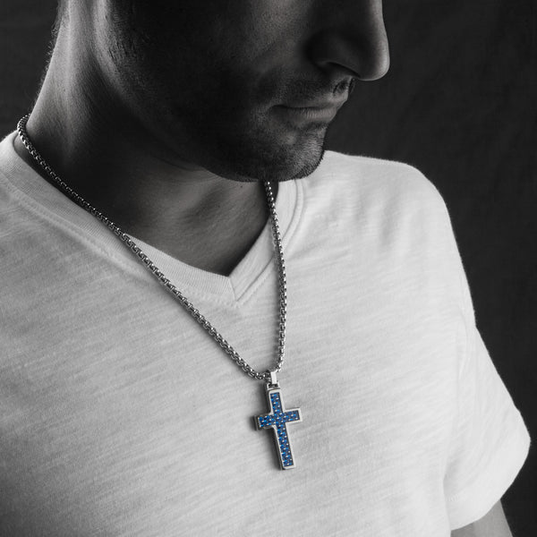 Unique Tungsten Cross Pendant .4mm wide Surgical Stainless Steel Box Chain. Blue Carbon Fiber Inlay.