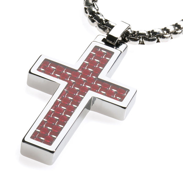 Unique Tungsten Cross Pendant .4mm wide Surgical Stainless Steel Box Chain. Red Carbon Fiber Inlay.