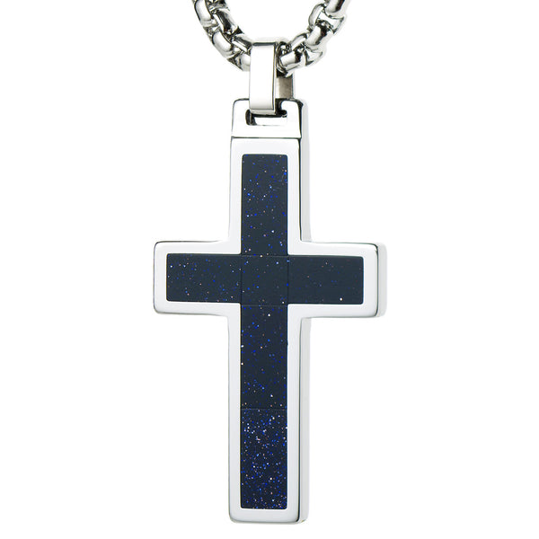 Unique Tungsten Cross Pendant .4mm wide Surgical Stainless Steel Box Chain. Goldstone Inlay.