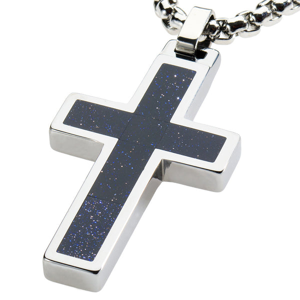 Unique Tungsten Cross Pendant .4mm wide Surgical Stainless Steel Box Chain. Goldstone Inlay.