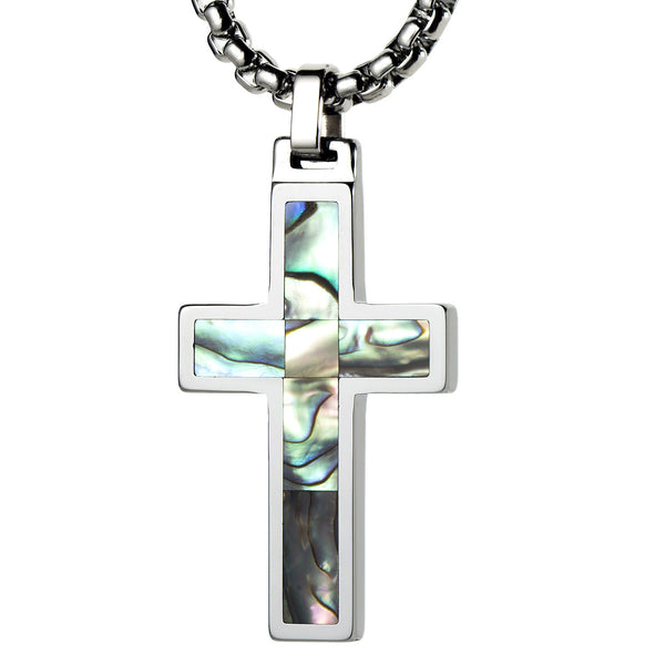 Unique Gestalt Titanium Cross Necklace with Koa Wood Inlay. 4mm Wide Surgical Stainless Steel Box Chain. 30 / Silver