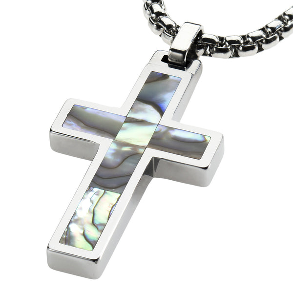 Unique Tungsten Cross Pendant .4mm wide Surgical Stainless Steel Box Chain. Abalone Inlay.