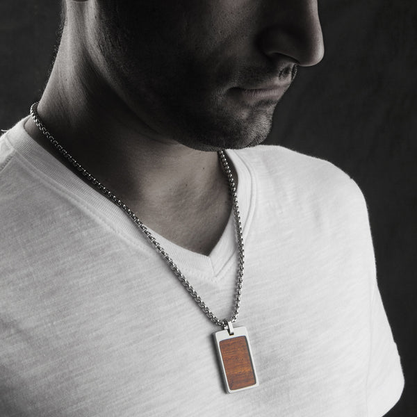Unique Gestalt Titanium Cross Necklace with Koa Wood Inlay. 4mm Wide Surgical Stainless Steel Box Chain. 30 / Silver