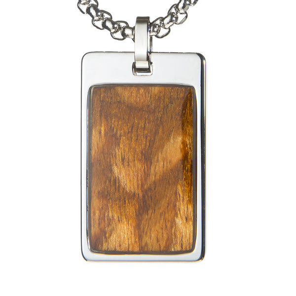 Unique Tungsten Tag Necklace. 4mm wide Surgical Stainless Steel Box Chain. Wood Inlay.