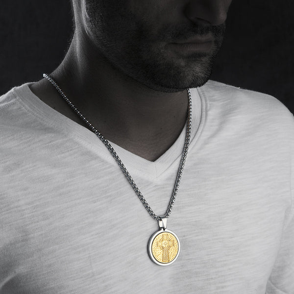 Unique Tungsten Medallion Necklace. Stainless Steel Celtic Cross Inlay with 18kt Gold Plating.
