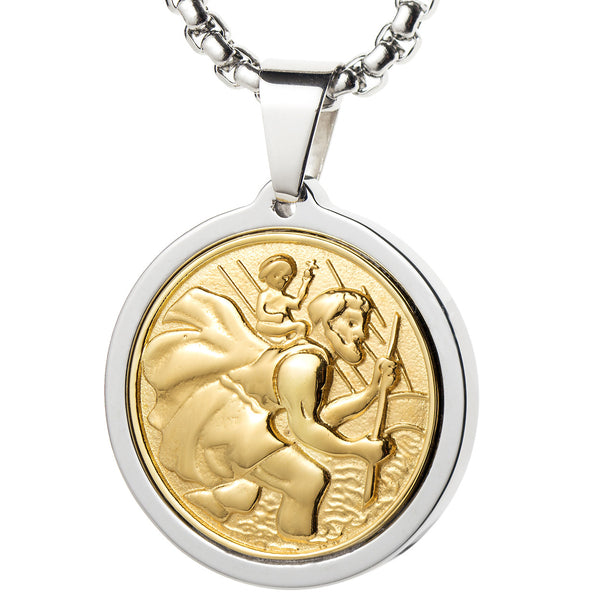 Unique Tungsten Medallion Necklace. Stainless Steel Saint Christopher Inlay with 18kt Gold Plating.