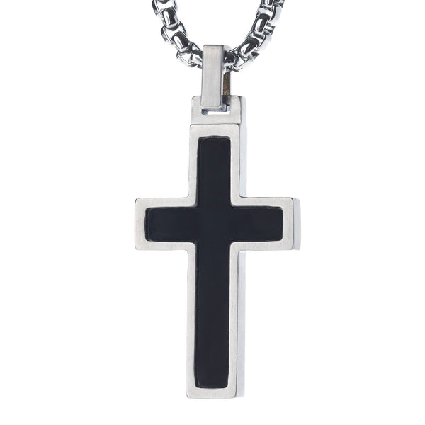 Unique Titanium Cross Pendant with Onyx Inlay. 4mm wide Surgical Stainless Steel Box Chain.