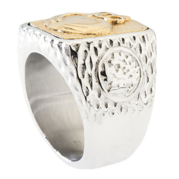 Unique Claddagh Signet Ring. Platinum Style Surgical Stainless Steel with 18kt Gold Plating.