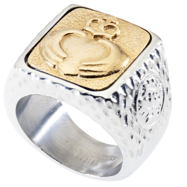 Unique Claddagh Signet Ring. Platinum Style Surgical Stainless Steel with 18kt Gold Plating.