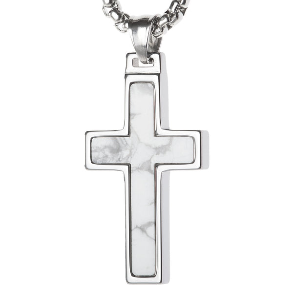 Unique Tungsten Cross Pendant with Howlite Stone Inlay. 4mm wide Surgical Stainless Steel Box Chain.