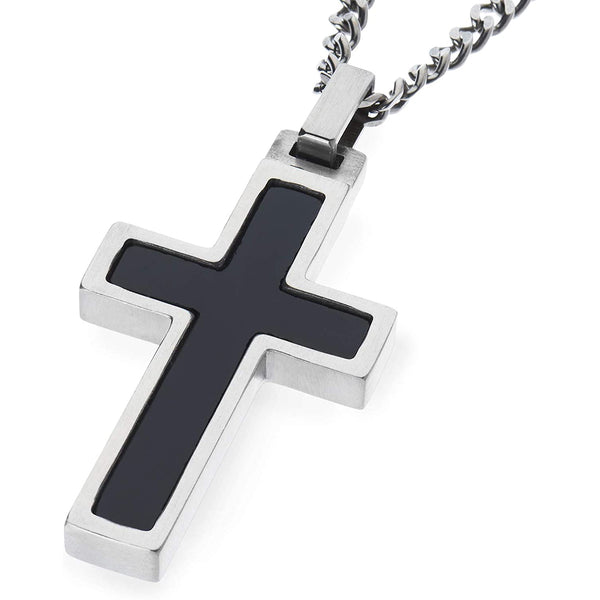 Unique GESTALT Titanium Cross Necklace with Onyx Stone Inlay. Solid 26inch lightweight Titanium Grade T2 Curb Chain (3.8mm wide).