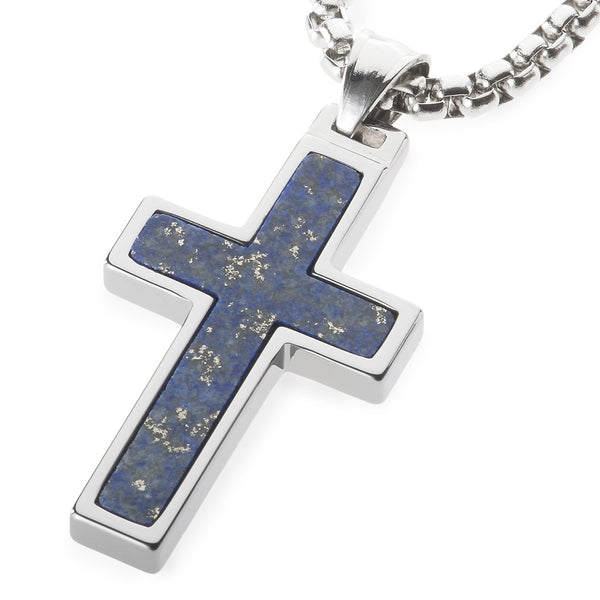 Unique Tungsten Cross Pendant with Lapis Lazuli Inlay. 4mm wide Surgical Stainless Steel Box Chain.