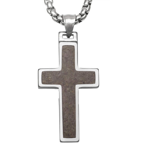 Unique Tungsten Cross Pendant with Antler Inlay. 4mm wide Surgical Stainless Steel Box Chain.