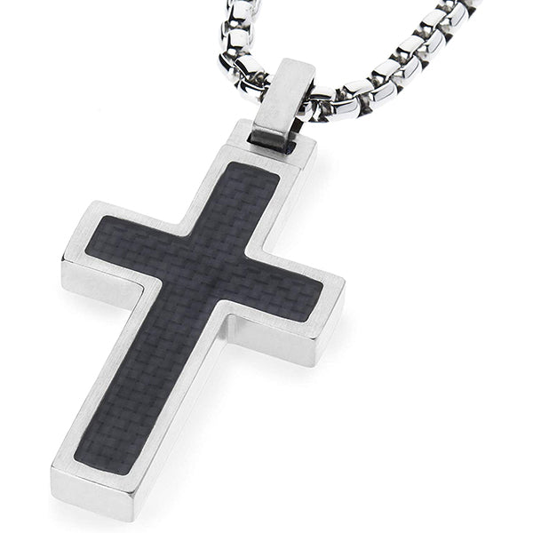 Unique GESTALT Titanium Cross Necklace with Black Carbon Fiber Inlay. 4mm wide Surgical Stainless Steel Box Chain.