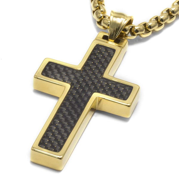 Unique Tungsten Cross Pendant with Black Carbon Fiber Inlay, Gold Plated. 4mm wide Surgical Stainless Steel Box Chain.