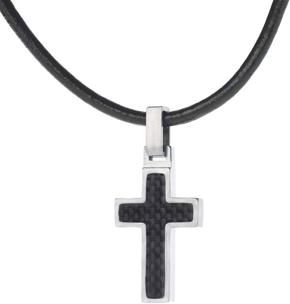 Unique GESTALT Midsize Titanium Cross Necklace with Black Carbon Fiber Inlay. 22inch Black Leather Cord.