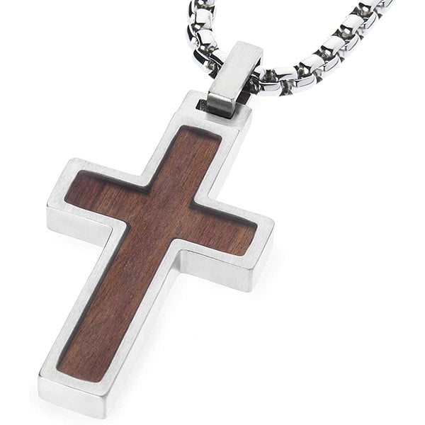 Unique GESTALT Titanium Cross Necklace with KOA Wood Inlay. 4mm wide Surgical Stainless Steel Box Chain.