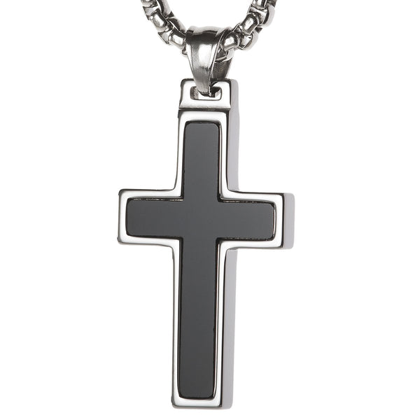 Unique Tungsten Cross Pendant with Onyx Inlay. 4mm wide Surgical Stainless Steel Box Chain.