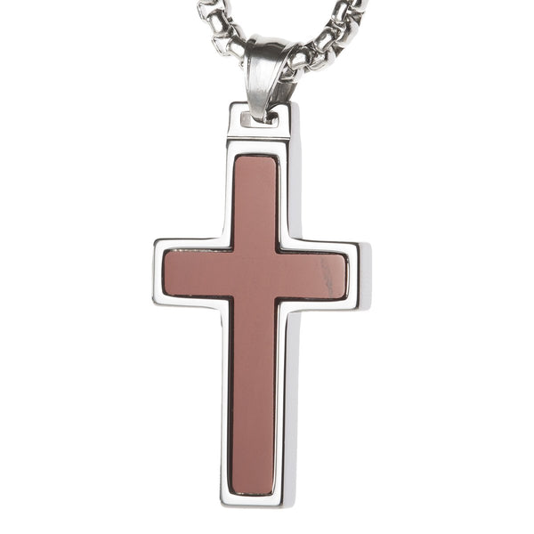 Unique Tungsten Cross Pendant with Red Jasper Inlay. 4mm wide Surgical Stainless Steel Box Chain.