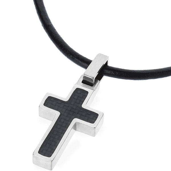 Unique GESTALT Midsize Titanium Cross Necklace with Black Carbon Fiber Inlay. 22inch Black Leather Cord.
