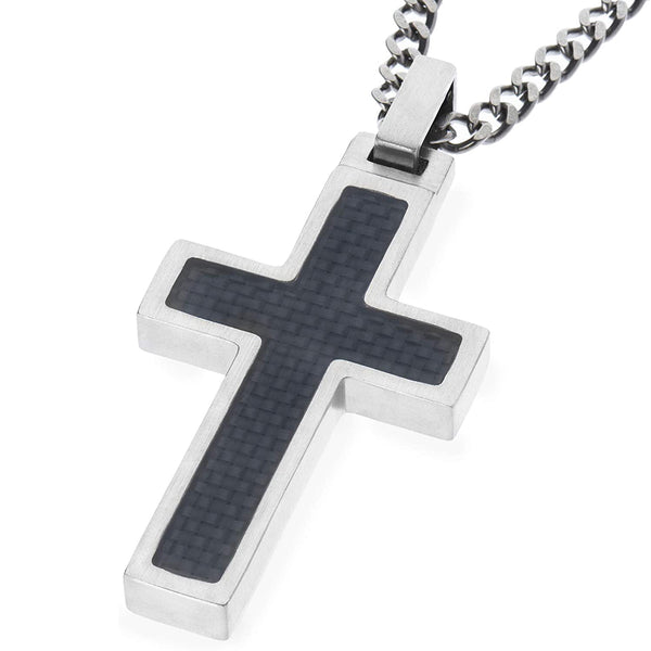 Unique GESTALT Titanium Cross Necklace with Black Carbon Fiber Inlay. Solid 26inch lightweight Titanium Grade T2 Curb Chain (3.8mm wide).
