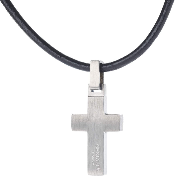 Unique GESTALT Midsize Titanium Cross Necklace with Black Carbon Fiber Inlay. 22inch Black Leather Cord.