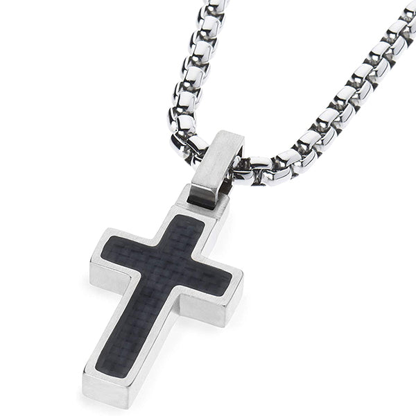 Unique GESTALT Midsize Titanium Cross Necklace with Black Carbon Fiber Inlay. 4mm wide Surgical Stainless Steel Box Chain.