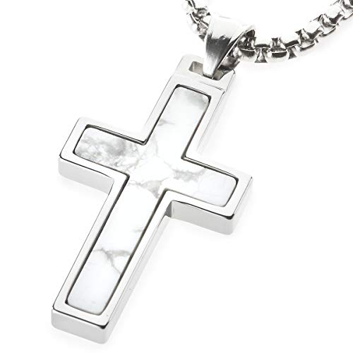 Unique Tungsten Cross Pendant with Howlite Stone Inlay. 4mm wide Surgical Stainless Steel Box Chain.