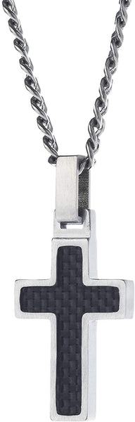 Unique GESTALT Midsize Titanium Cross Necklace with Black Carbon Fiber Inlay.  Solid lightweight Titanium Grade T2 Curb Chain (3.8mm wide).
