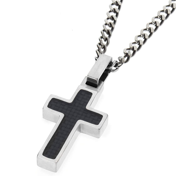 Unique GESTALT Midsize Titanium Cross Necklace with Black Carbon Fiber Inlay.  Solid lightweight Titanium Grade T2 Curb Chain (3.8mm wide).
