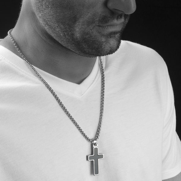 Unique Tungsten Cross Pendant with Onyx Inlay. 4mm wide Surgical Stainless Steel Box Chain.