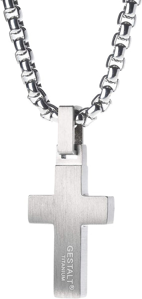 Unique GESTALT Midsize Titanium Cross Necklace with Black Carbon Fiber Inlay. 4mm wide Surgical Stainless Steel Box Chain.