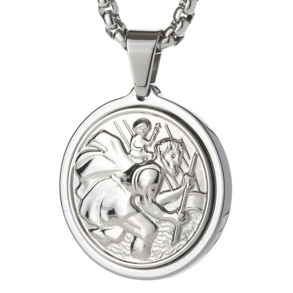 Unique Tungsten Medallion Necklace. Stainless Steel Saint Christopher Inlay.